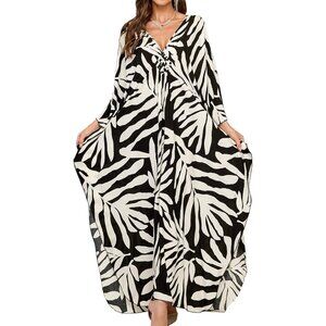 Women's Black-white Leaves V-Neck Batwing Sleeves Summer Cover Up Kaftan Dress